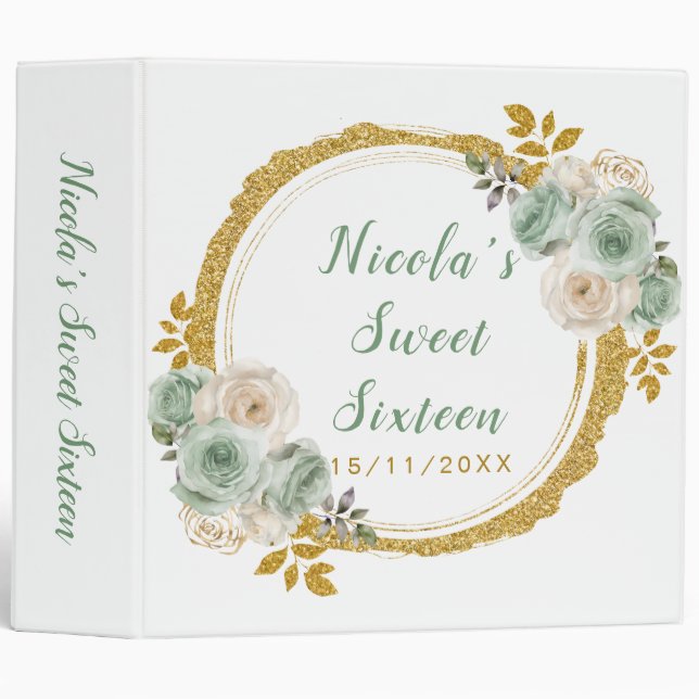 Sage Green and Gold Elegant Flowers Sweet Sixteen 3 Ring Binder (Front/Spine)