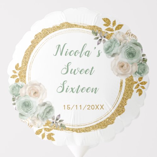 Sage Green and Gold Elegant Flowers Sweet Sixteen Balloon
