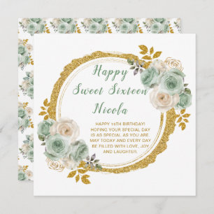 Sage Green and Gold Elegant Flowers Sweet Sixteen Card