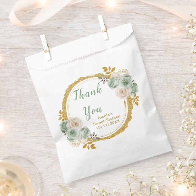 Sage Green and Gold Elegant Flowers Sweet Sixteen Favor Bag (Clipped)
