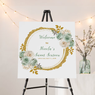 Sage Green and Gold Elegant Flowers Sweet Sixteen Foam Board
