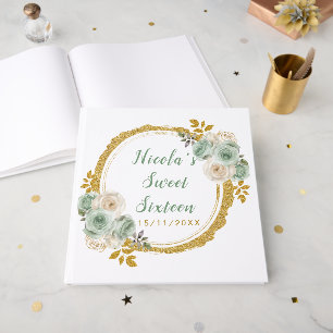 Sage Green and Gold Elegant Flowers Sweet Sixteen Guest Book