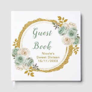 Sage Green and Gold Elegant Flowers Sweet Sixteen Guest Book