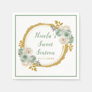 Sage Green and Gold Elegant Flowers Sweet Sixteen Napkins