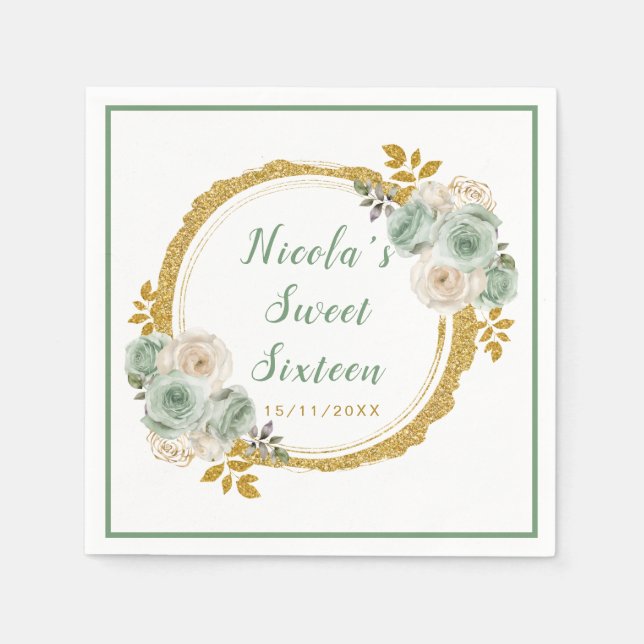 Sage Green and Gold Elegant Flowers Sweet Sixteen Napkins (Front)