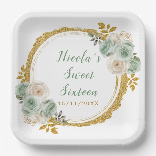 Sage Green and Gold Elegant Flowers Sweet Sixteen Paper Plates (Front)