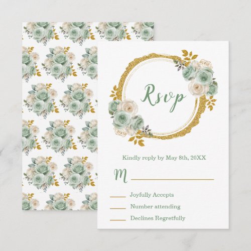 Sage Green and Gold Elegant Flowers Sweet Sixteen RSVP Card
