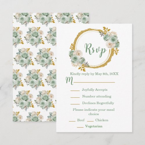 Sage Green and Gold Elegant Flowers Sweet Sixteen RSVP Card