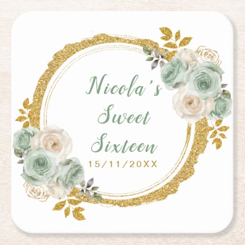 Sage Green and Gold Elegant Flowers Sweet Sixteen Square Paper Coaster