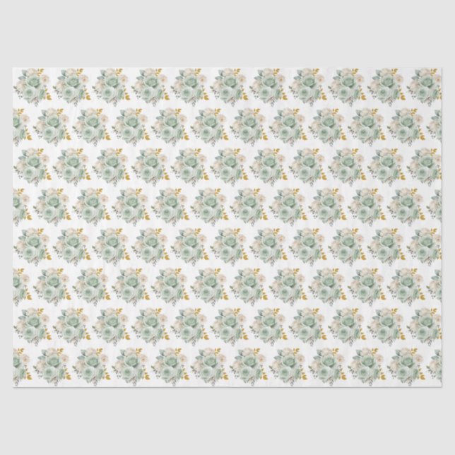 Sage Green and Gold Elegant Flowers Tissue Paper (Front)