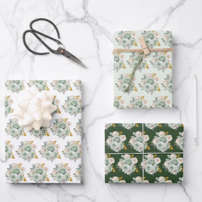 Sage Green and Gold Elegant Flowers Wrapping Paper Sheets (Front)