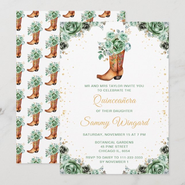 Sage Green and Gold Floral Cowboy Boot Quinceañera Invitation (Front/Back)
