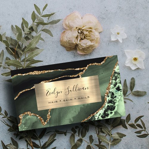 Sage Green and Gold Foil Agate Business Card