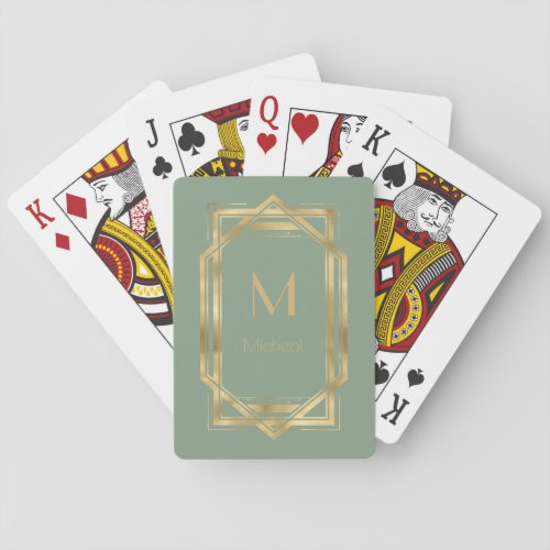 Sage Green and Gold Geometric  Monogram  Name Poker Cards