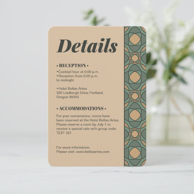 Sage Green and Gold Geometric Wedding Details Card (Standing Front)