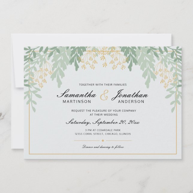 Sage Green and Gold Greenery Wedding Invitation (Front)
