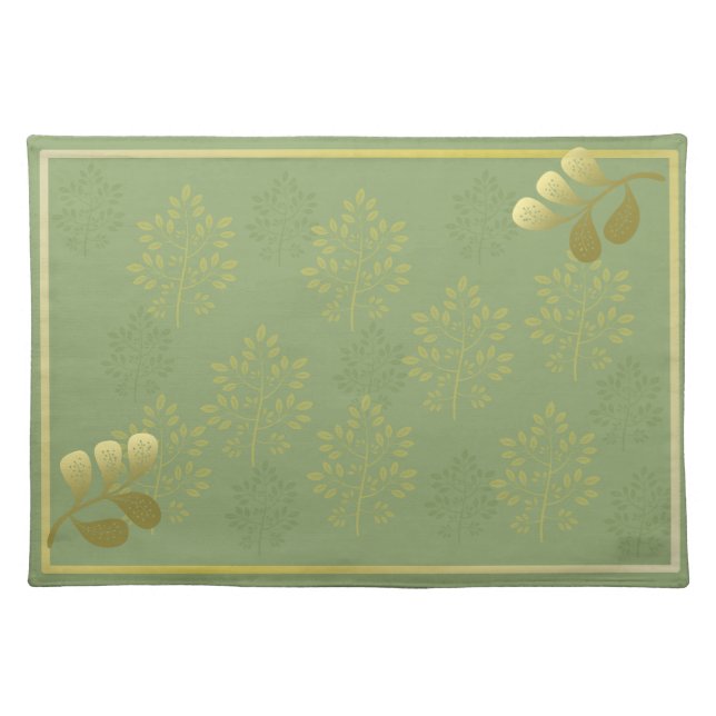 Sage Green and Gold Leaves Cloth Placemat (Front)