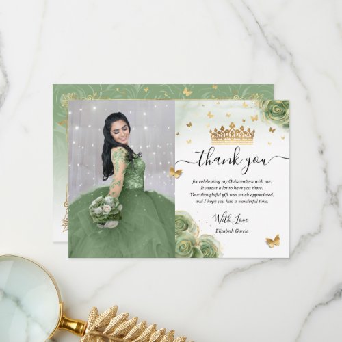 Sage Green and Gold Quinceaera Photo Birthday Thank You Card