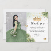 Sage Green and Gold Quinceañera Photo Birthday Thank You Card (Front)
