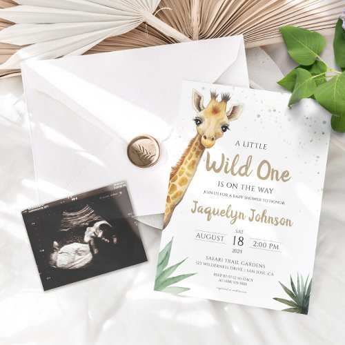 Sage Green and Gold Safari Giraffe Baby Shower Invitation