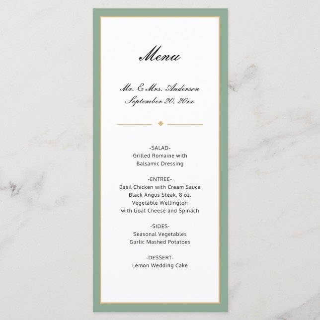 Sage Green and Gold | Script Wedding Menu (Front)