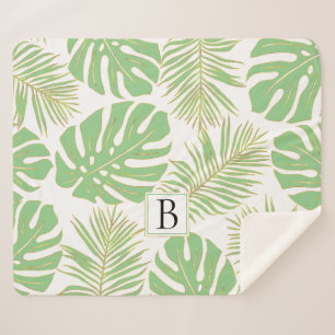 Sage green and gold tropical leaves and monogram sherpa blanket