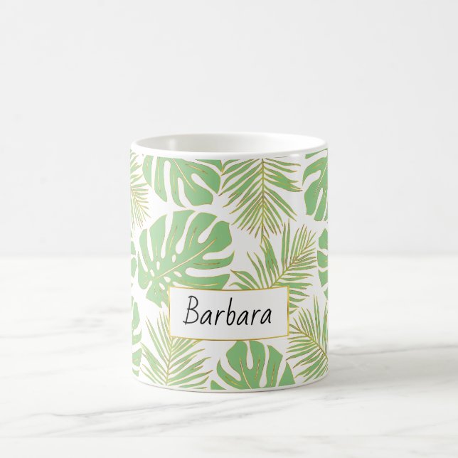 Sage green and gold tropical leaves and name coffee mug (Center)
