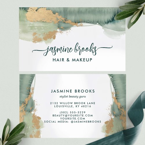 Sage Green And Gold Watercolor Business Card