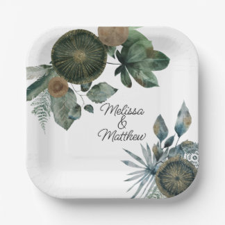 Sage green and gold wedding, engagement, couple paper plates