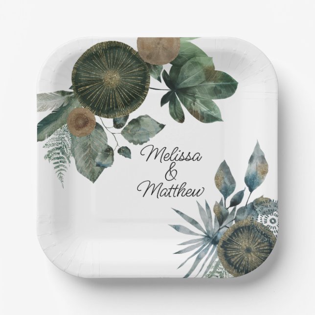 Sage green and gold wedding, engagement, couple paper plates (Front)