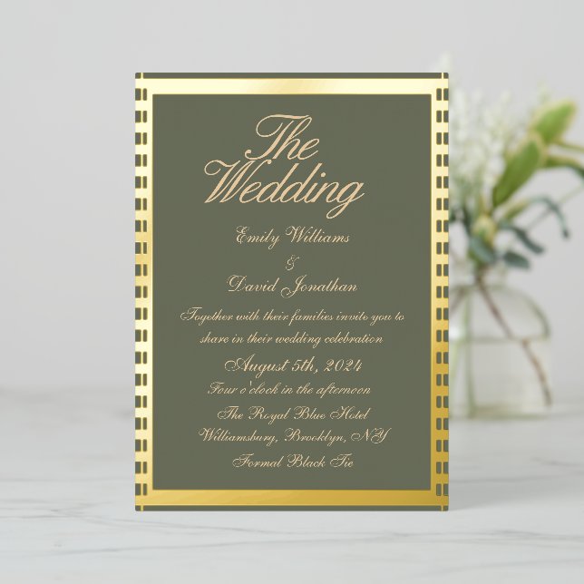 Sage Green and Golden Classic Wedding  Foil Invitation (Standing Front)