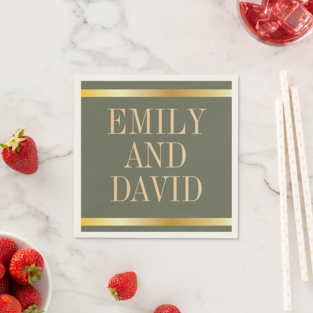 Sage Green and Golden Modern Wedding Napkins (Insitu)