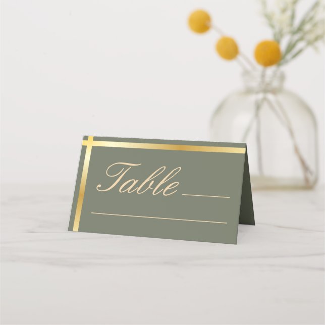 Sage Green and Golden Stripe Modern Wedding Place Card (Front)