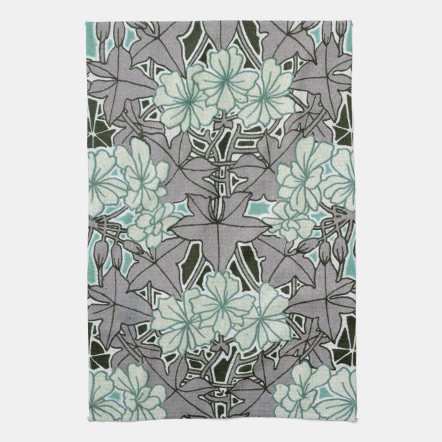 sage green and grey foliage art nouveau floral towel (Vertical)