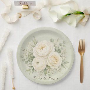 Sage Green and Ivory Floral Wedding Paper Plates