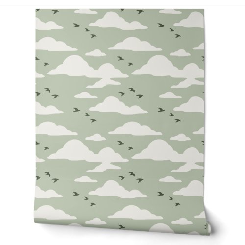 Sage Green and Ivory Minimalist Birds and Clouds Wallpaper