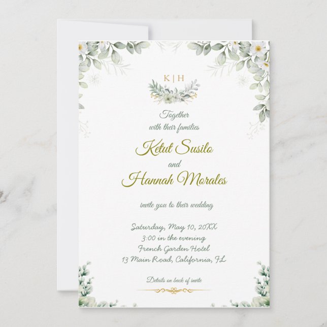 sage green and navy blue wedding invitations (Front)