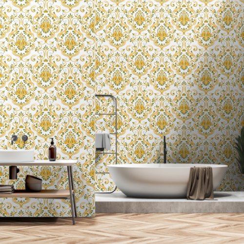 Sage Green and Orange Damask Floral peel and stick Wallpaper