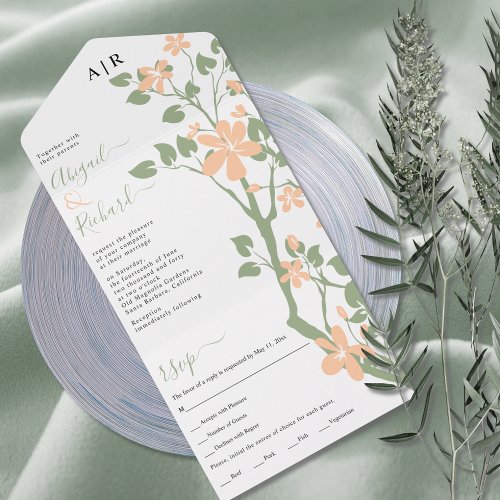 Sage green and peach branch with flowers wedding a all in one invitation