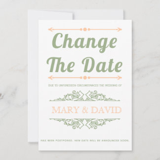 Sage green and peach Change the Date announcement
