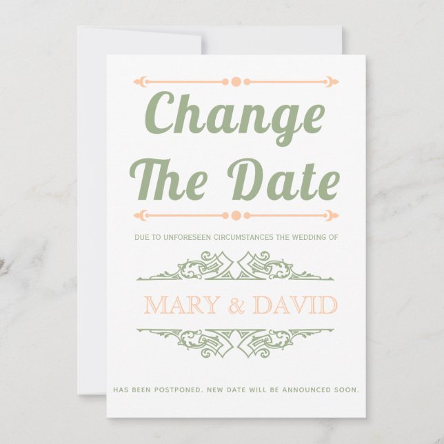 Sage green and peach Change the Date announcement (Front)