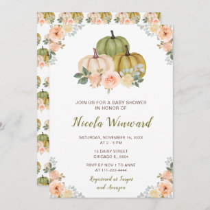 Sage Green and Peach Floral Pumpkins Baby Shower Invitation