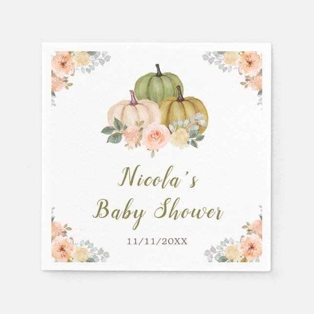 Sage Green and Peach Floral Pumpkins Baby Shower Napkins (Front)