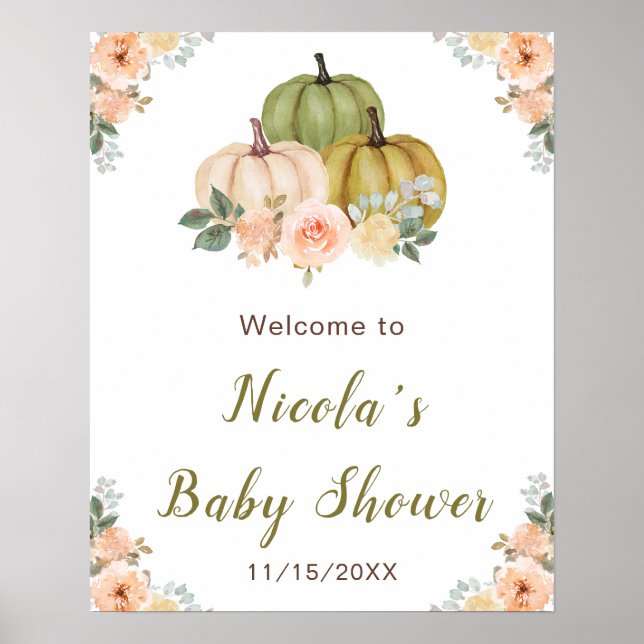 Sage Green and Peach Floral Pumpkins Baby Shower Poster (Front)