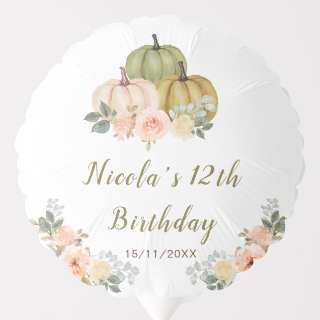 Sage Green and Peach Floral Pumpkins Birthday Balloon (Front)