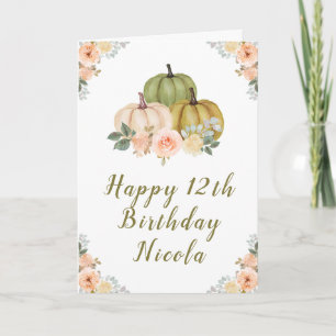 Sage Green and Peach Floral Pumpkins Birthday Card