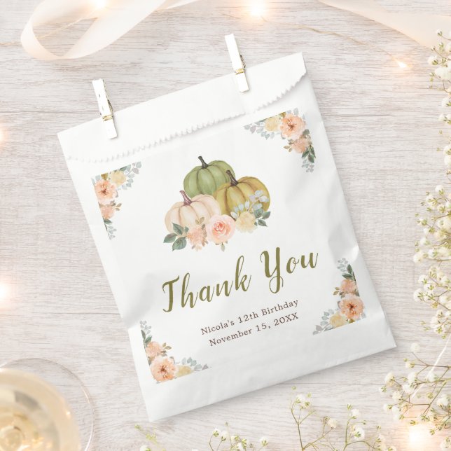 Sage Green and Peach Floral Pumpkins Birthday Favor Bag (Clipped)