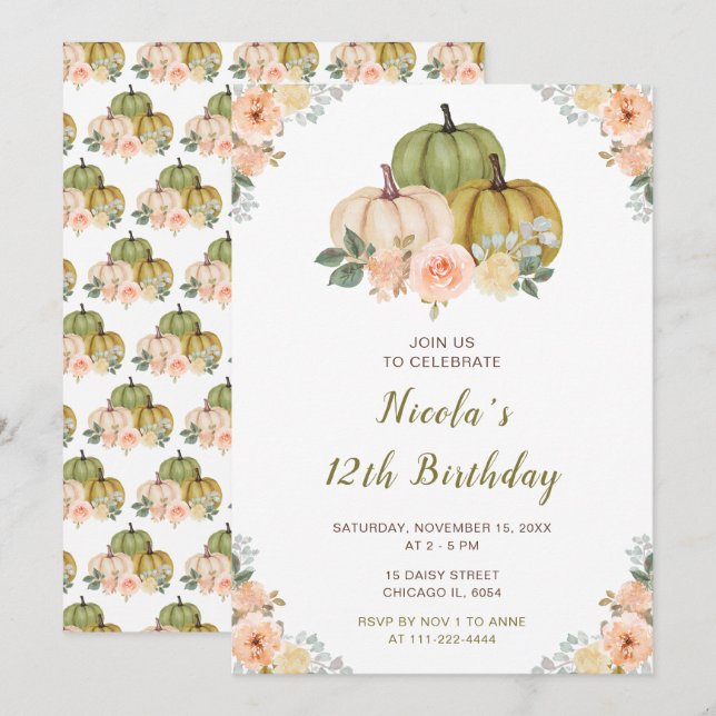 Sage Green and Peach Floral Pumpkins Birthday Invitation (Front/Back)