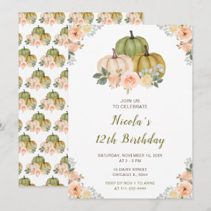 Sage Green and Peach Floral Pumpkins Birthday Invitation