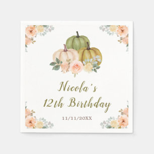Sage Green and Peach Floral Pumpkins Birthday Napkins